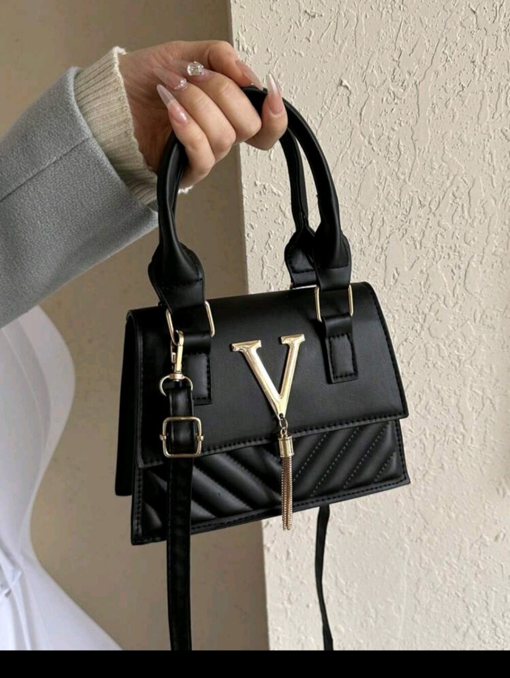BRAND NEW ** Black Quilted Faux-Leather Top-Handle Bag with Gold V Accent